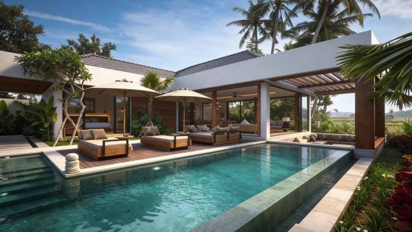 Intérieur villa Jungle Ubud — construction neuve à Bali clé en main